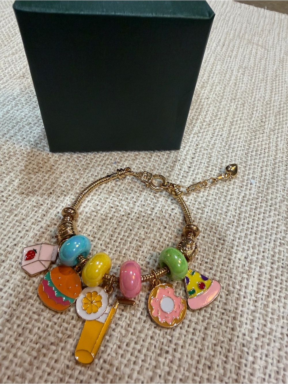 18k Plated Gold Pandora Style Charm Bracelet with Pastel Bead and Food Charms